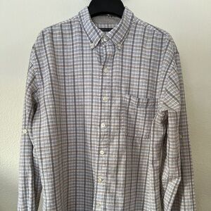 Men's Van Heusen White/Grey/Tan Plaid Button Down Linen/Rayon Shirt (Large)